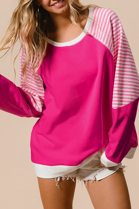 Strawberry Pink Striped Patchwork Crew Neck Raglan Sleeve Top