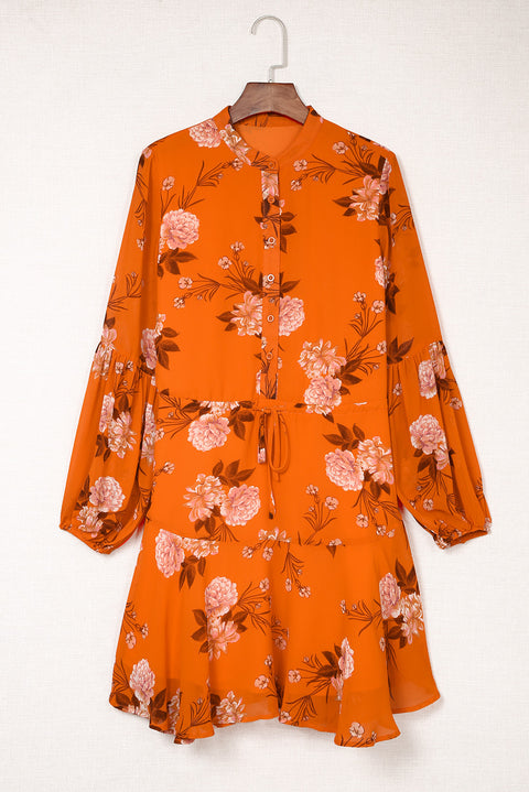 Vintage Floral Print Drawstring Flowy Dress