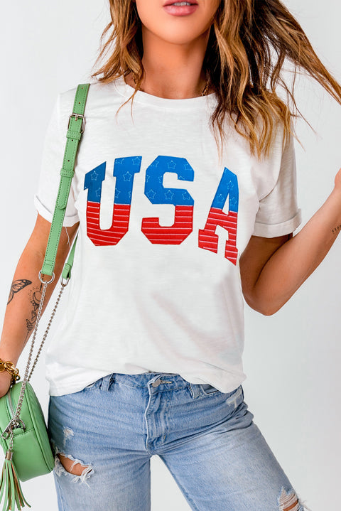 White USA Star and Striped Embroidered Crewneck Graphic Tee