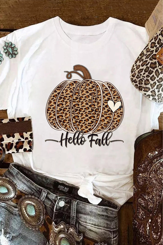 Camiseta blanca con gráfico de calabaza y leopardo de Hello Fall