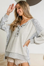 Gray Leopard Patchwork Exposed Seam Buttoned Neck Sweatshirt