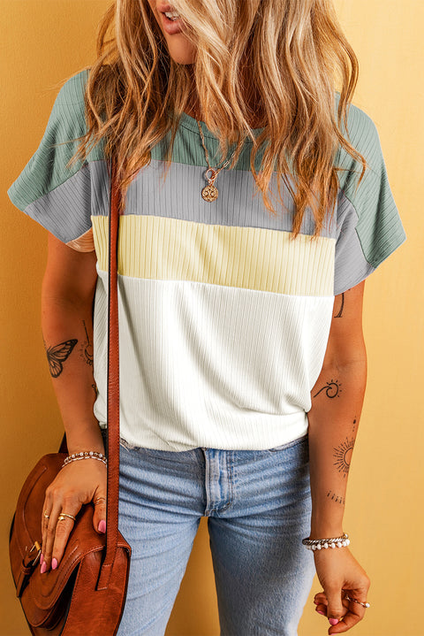 Moonlight Jade Ribbed Color Block Patchwork T-shirt