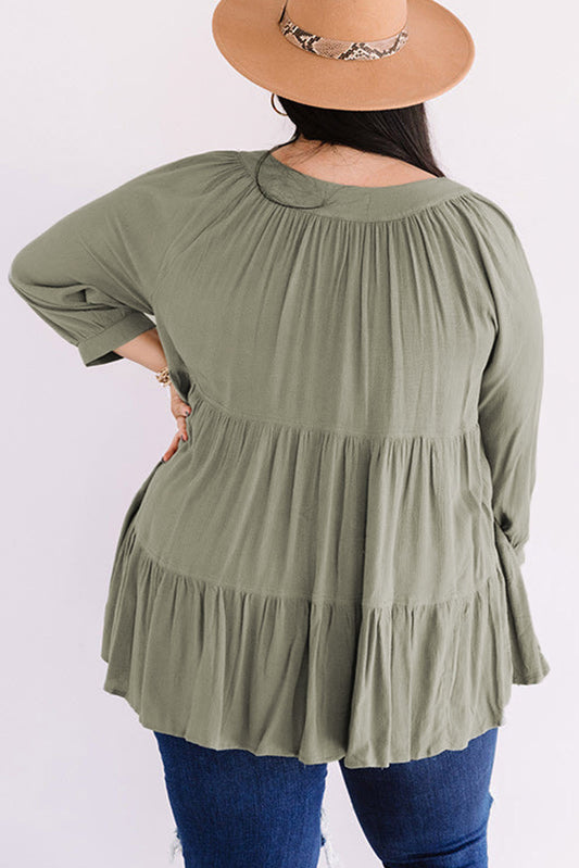 Plus Size Ruffle Tiered Split Neck Shirt