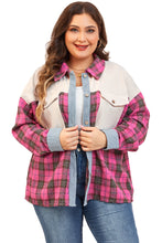 Red Plaid Print Waffle Knit Patchwork Plus Size Shirt