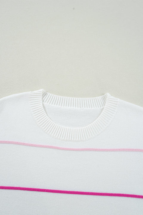 White Colorblock Striped Half Sleeve Drop Shoulder Sweater