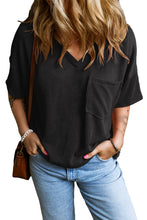 Black Corded V Neck Chest Pocket Loose T-shirt