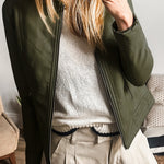 Sage Green Solid Faux Leather Zipper Slim Fit Bomber Jacket