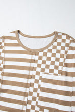 Khaki Checkerboard Striped Patchwork Lantern Sleeve Pocketed Blouse