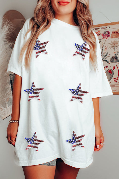 White Sequin American Flag Star Graphic Tunic T Shirt