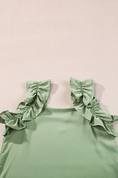 Smoke Green Solid Ruffle Trim Sleeveless Top