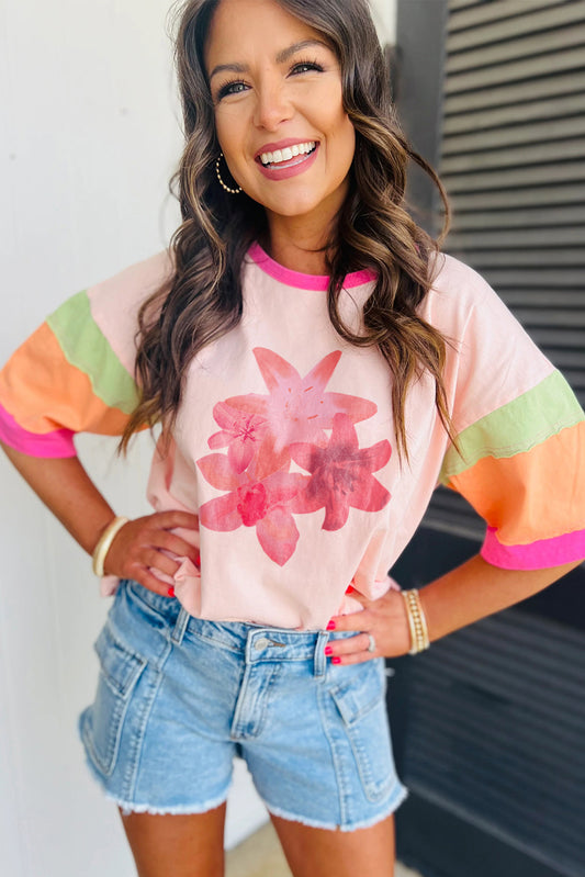 Pink Flower Color Block Half Sleeve Loose T Shirt