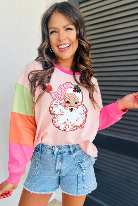 Pink Christmas Santa Claus Graphic Colorblock Patchwork Top