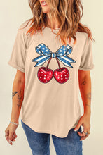 Khaki American Flag Bowknot Cherry Print Crew Neck T Shirt