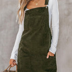 Vineyard Green Solid Front Pockets Sleeveless Corduroy Overall Dress