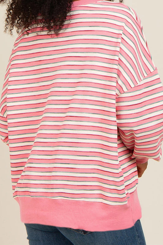 Pink Striped Print Textured Drop Shoulder Loose Sweatshirt