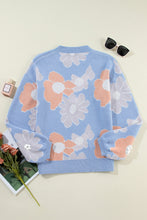 Beau Blue Floral O Neck Drop Shoulder Knitted Sweater