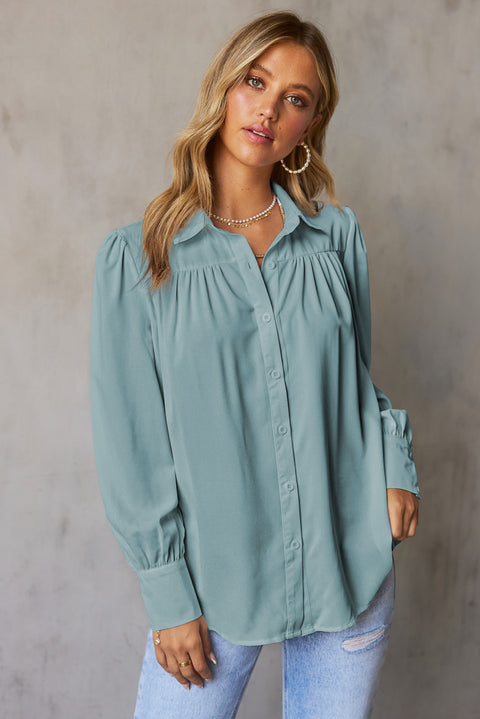 Solid Color Button Up Puff Sleeve Blouse