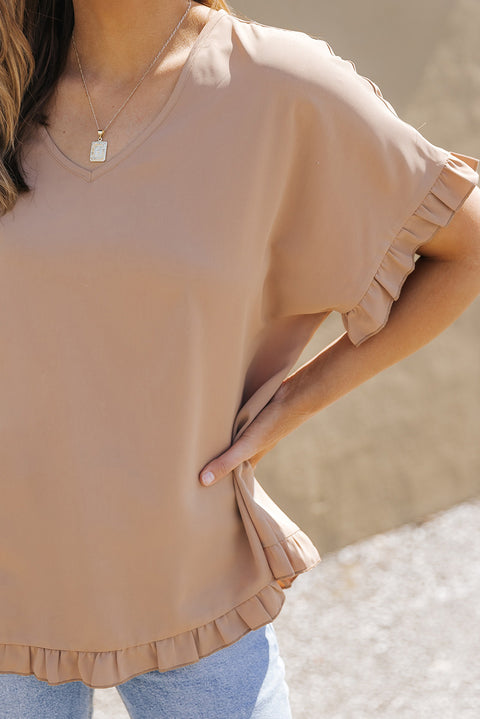 Khaki Ruffle Trim Short Sleeve Oversize Blouse