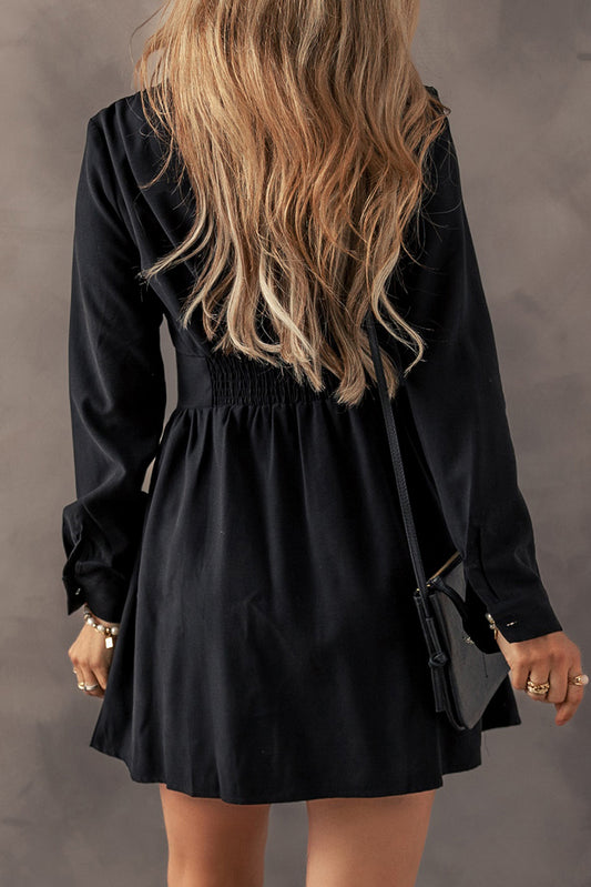 Black Elastic Cinched High Waist Long Sleeve Shirt Mini Dress