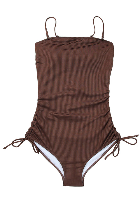 Coffee Ribbed Drawstring Sides Cutout One Piece Swimsuit