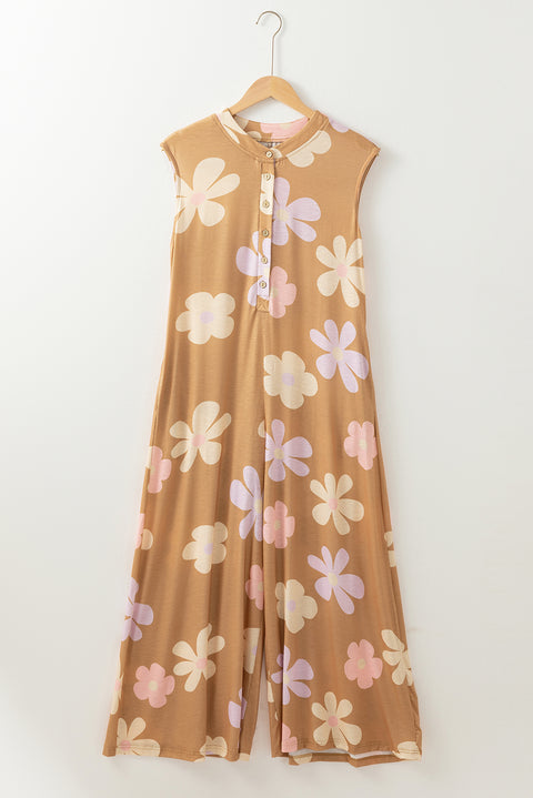 Khaki Floral Print Sleeveless Button up Wide Leg Loose Jumpsuit