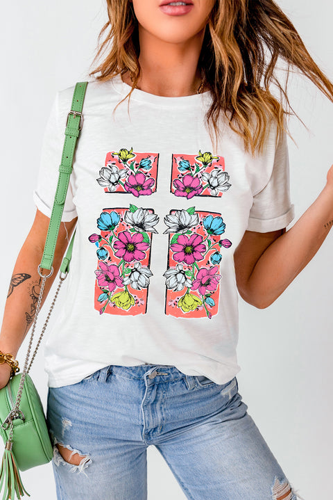 White Floral Crossed Graphic Easter Round Neck T Shirt