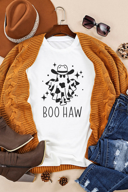 White Halloween BOO HAW Graphic Crew Neck Tee