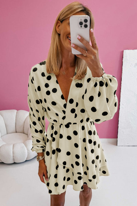 Beige Polka Dot Printed Surplice V Neck Puff Sleeve Mini Dress