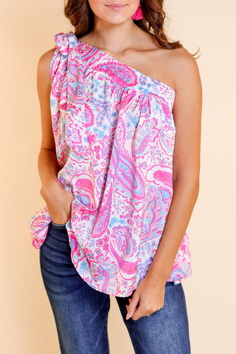 Multicolour Knotted One Shoulder Paisley Print Tank Top