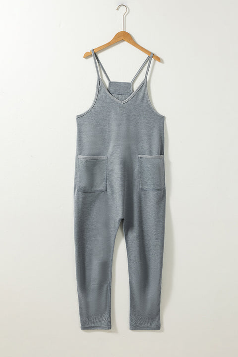 Gray Waffle Knit Spaghetti Straps Loose Fit Jumpsuit