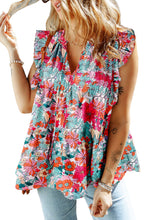 Rose Red Floral Print Drawstring V Neck Ruffled Tank Top