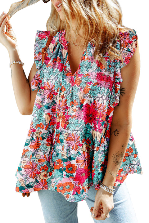 Rose Red Floral Print Drawstring V Neck Ruffled Tank Top