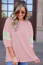 Light Pink Color Block Ribbed Knit Quarter Sleeve Top