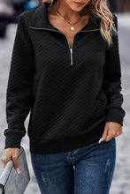 Black Solid Half Zipper Quilted Pullover Sweatshirt