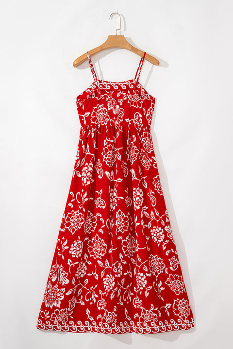 Red Floral Printed Spaghetti Strap Empire Waist Maxi Dress