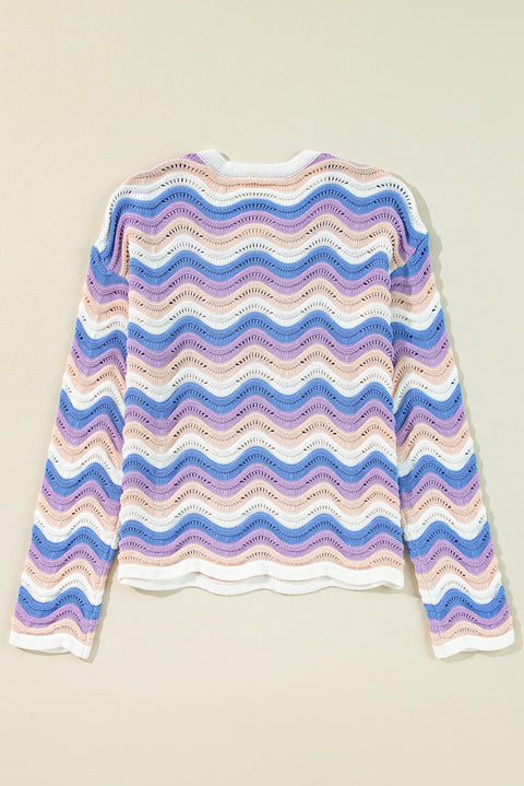 Purple Stripe Wavy Pointelle Knit Drop Shoulder Sweater