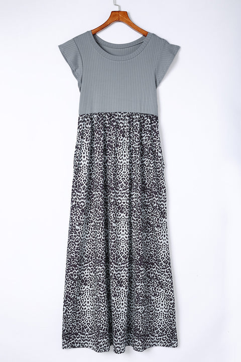 Leopard Patchwork Ribbed Maxi Dress with Pockets