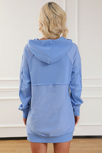 Blue Raw Seam Patchwork Kangaroo Pocket Tunic Hoodie