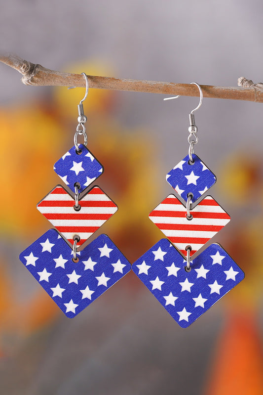 Dark Blue Geometric Wooden Star Stripe Flag Dangle Earrings