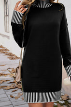 Black Striped Trim Mock Neck Dropped Long Sleeve Sweater Mini Dress