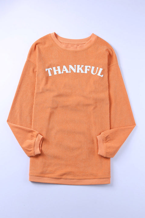 Orange THANKFUL Letter Graphic Corded Sweatshirt