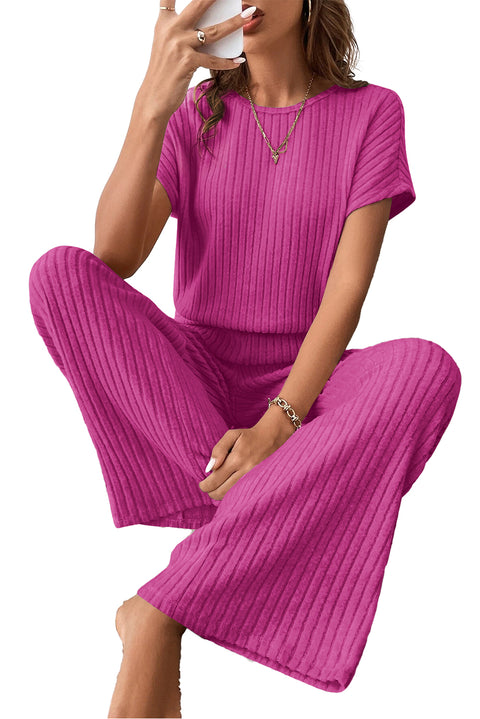 Rose Red Solid Color Ribbed Short Sleeve Wide Leg Jumpsuit