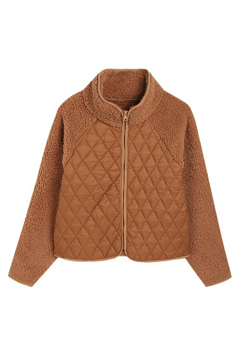 Chestnut Sherpa Plush Quilted Puffer Patchwork Zipped Coat