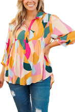 Multicolor Geometric Print Bracelet Sleeve Henley Blouse