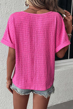 Bright Pink Plus Size Textured Folded Sleeve V Neck T Shirt