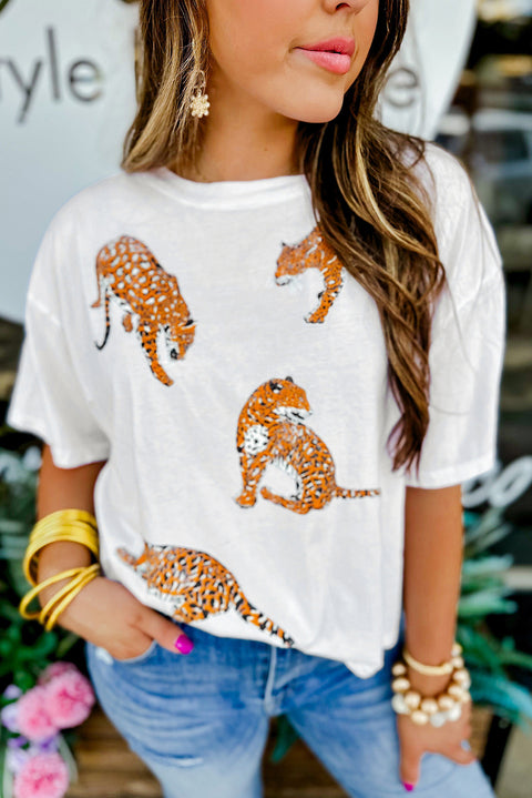 White Leopard Print Drop Shoulder Casual T Shirt