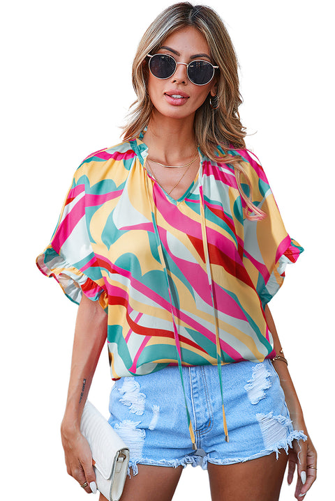 Multicolour Printed Frilled Batwing Sleeve Oversized T Shirt