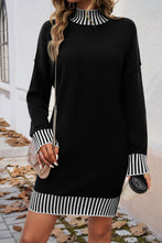 Black Striped Trim Mock Neck Dropped Long Sleeve Sweater Mini Dress