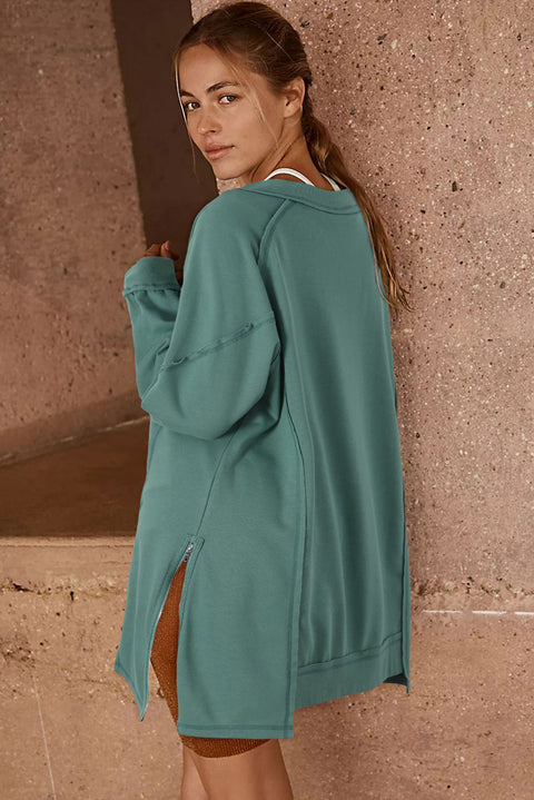 Green High Low Exposed Seam V Neck Loose Sweatshirt