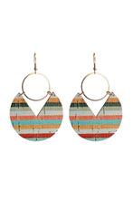 Multicolor Rainbow Stripe Pattern Notch Round Wooden Pendant Earrings